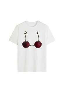 女士宽松透气樱桃印花短袖T恤，吸睛单品，适合夏季音乐节、滑板出行、朋友聚会和假日旅行，休闲白色 - 白色 - 查看 2