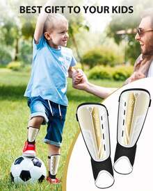 Espinilleras infantiles de fútbol certificadas AirsFish para fútbol con protección de tobillo, correa ajustable, equipo de fútbol para niños y niñas, espinilleras de alta resistencia - Blanco y dorado - Ver 10