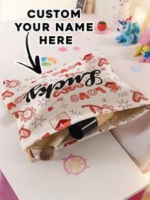 1pc Customized Name Cartoon Valentine's Day Heart & Flower Pattern Corduroy Toiletry Storage Bag, Perfect For Organizing Toiletries On The Go, Customizable Based On Your Unique Design, Suitable For Children, Print Your Own Name Or Your Sister's And Classmate's Name As A Gift - Multicolor - View 5