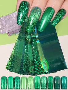 10片全息绿色美甲箔贴纸，金属绿色闪光亮片不对称薄片几何星空纸质DIY美甲贴膜装饰美甲用品 - 彩色 - 查看 1