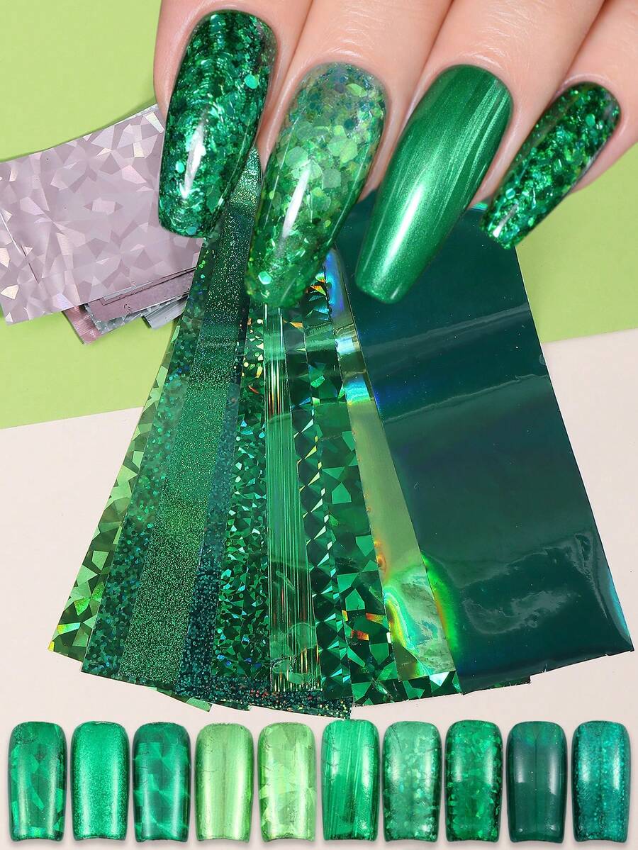 10片全息绿色美甲箔贴纸，金属绿色闪光亮片不对称薄片几何星空纸质DIY美甲贴膜装饰美甲用品 - 彩色 - 查看 1