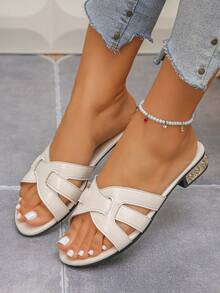 女士黑色休闲优雅拖鞋，尺码 36-42，采用柔软人造革制成，有黑色、酒红色、银色可选，舒适百搭，适合室内、室外、海滩、夏季度假穿着。 - 米色 - 查看 1