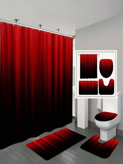 4pcs Gradient Red And Black Shower Curtain Set, Includes Rug And Toilet Lid Cover, Modern Minimalist Waterproof Fabric Bathroom Set, Gradient Striped Gothic Abstract Bathroom Decor Accessories
