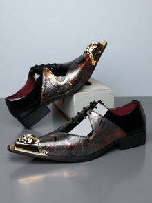 1双男士亮面图案尖头PU皮鞋面橡胶鞋底低跟休闲正装鞋，适合办公及日常穿着，四季皆宜 - 黑色 - 查看 11