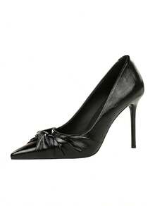 Women's Pointed Toe Ruffle Bow Versatile Low Vamp Stiletto Heels, Elegant Lady's Party Shoes - Black - View 9