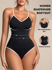 Women's Solid Color Elastic Simple Everyday Matching Slim Fit Spaghetti Strap Contrast Color Hem Bodysuit Black Summer - Black - View 3