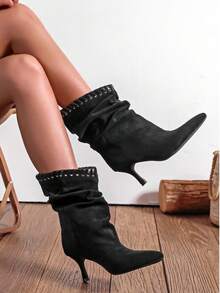 女士时尚尖头中筒靴，褶皱设计，魅力性感，适合派对、婚礼、正式场合 - 黑色 - 查看 2