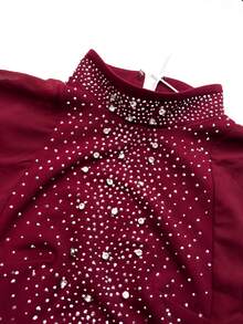 UNITHORSE Women's Stand Collar Sequin Embellished Long Sleeve Fitted Formal Dress - Burgundy - View 7