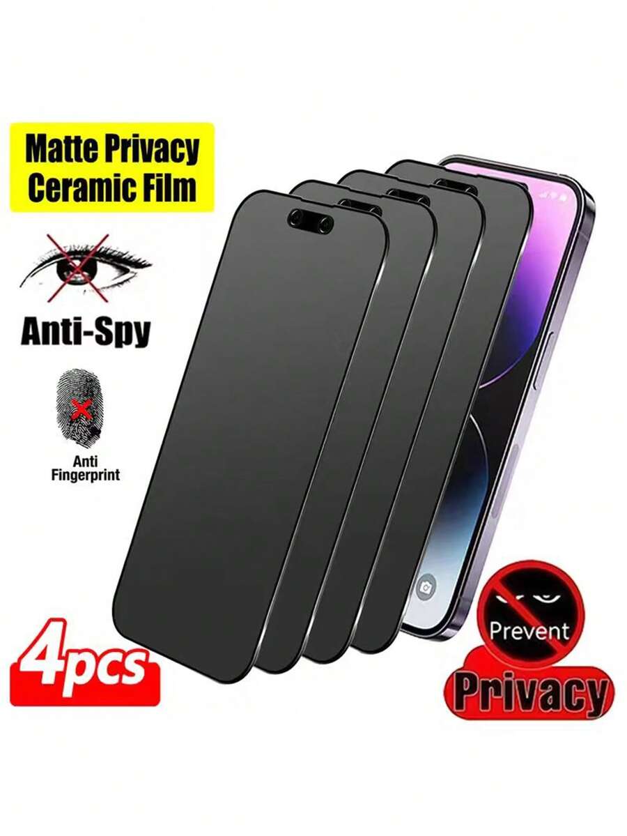 Shockproof Privacy 4pcs Full Coverage Matte Privacy Screen Protector Ceramic Film Compatible With Iphone 17 Pro Max/17 Air/16 Pro Max/16e/15 Pro Max/15 Plus/14 Pro Max/13 Mini/12 Mini/11 Pro Max/XS Max Series Anti-Print Anti-Fingerprint Upgraded Edge Protection Anti-Scratch Easy Installation Bubble-Free Perfect Compatible With Phone Cases Spring Gift Birthday