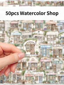 50 Stücke Aquarell Shop Cartoon-Stil PET Material transparente Aufkleber für Wasserflaschen, Notizbücher und Laptops, personalisierte dekorative Aufkleber für handgeschriebene Tagebücher - Verschiedenfarbig - Übersicht 7