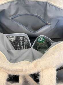 1pc Plush Material Multi-Compartment Tote Shoulder Bag, Open Top Design, Versatile For Commuting, Autumn/Winter - Beige - View 10