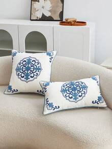 1件新款中式3D刺绣抱枕套，蓝白瓷器图案，东方装饰抱枕套，雪尼尔面料，天鹅绒滚边，适用于客厅、卧室、茶室等东方美学装饰，不含枕芯 - 白色 - 查看 7
