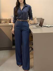 高腰竖条纹修身休闲女裤 - 运动风，速干弹力面料，街头潮流 | 通勤/商务场合皆宜，打造复古学院风 | 宽松束脚或修身直筒裤型 - 寶藍色 - 查看 4