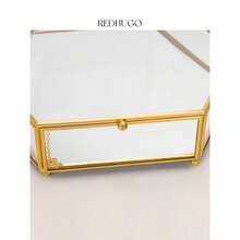 Hexagon Glass Box For Display Handmade, Mirrored Bottom, Brass & HD-Glass Geometric Jewelry Box With Lid For Trinkets, Photos, Books - Multipurpose Keepsake Organizer, Home Decor, Gold - 金子 - 查看 7