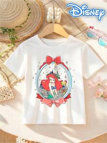 [Disney Authorized] Front: Ariel With Castle And Bow Elements Back: Ariel And Prince Eric With Flounder And Sebastian Elements And Text "PART OF YOUR WORLD" Double-Sided Print Pattern Girls' T-Shirt - Children's Clothing Design Short-Sleeve Casual Cute Style Comfortable And Relaxed Suitable For Boys And Girls, Perfect For Parties And Play Machine Washable Gift Children's Clothing Girls' Short-Sleeve Shirt - trắng - Xem 4