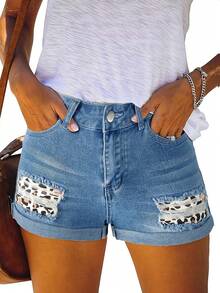 夏季狂野时尚女士豹纹印花牛仔短裤，带贴花口袋 - 藍色 - 查看 3