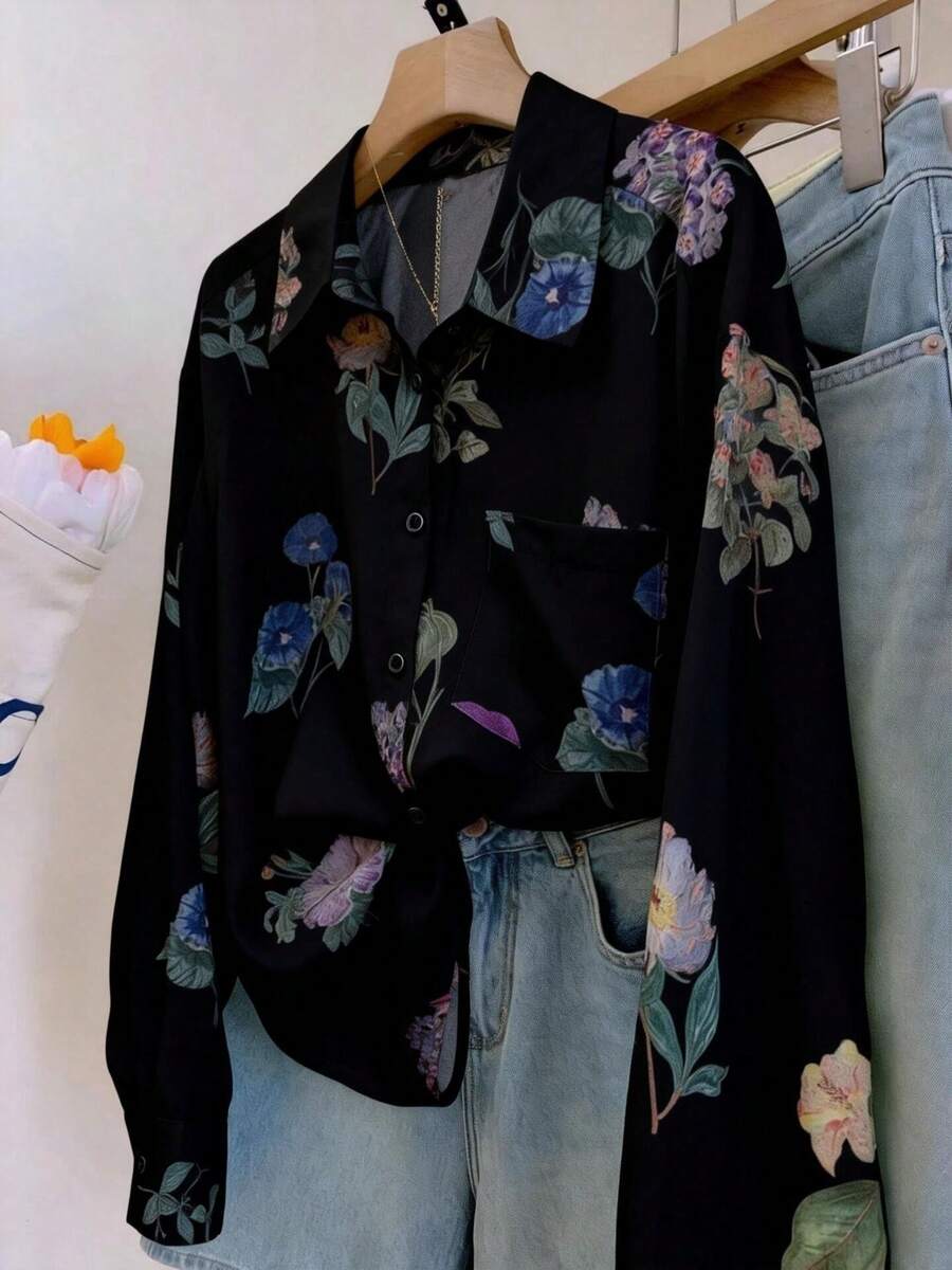 Women's Floral & Leaf Print Button Down Shirt Vacation Spring - Dark Black - View 1