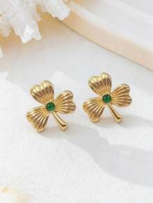 1 Pair Fashionable Luxury Faux Gemstone Clover Stud Earrings, Versatile For Women's Daily Wear, Parties, And Festivals - Shamrock Earrings - View 1