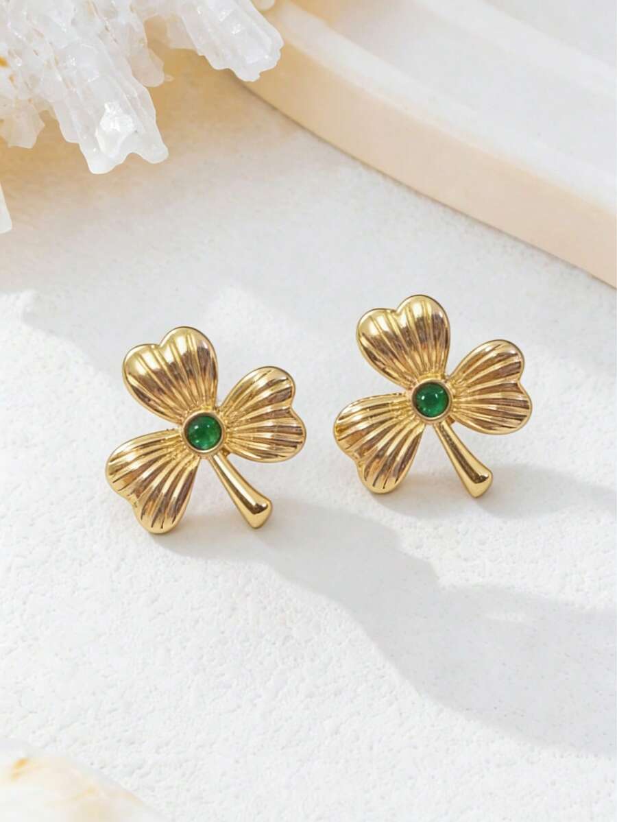 1 Pair Fashionable Luxury Faux Gemstone Clover Stud Earrings, Versatile For Women's Daily Wear, Parties, And Festivals - Shamrock Earrings - View 1
