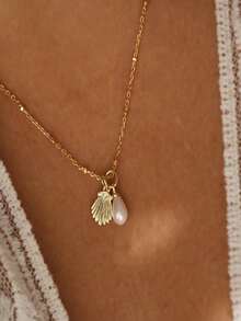 1件流行女士时尚优雅休闲可爱珍珠贝壳吊坠项链，婚礼订婚派对珠宝礼物 - 金色 - 查看 6