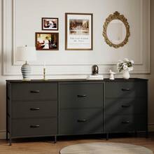 Mueble para TV con 8 Cajones de Tela y Tapete Superior de Madera | Organizador Ancho para Clóset con Estructura Metálica | Ideal para Dormitorio, Sala o Pasillo, Medidas: 160 x 68 x 35 cm - Negro - Ver 1