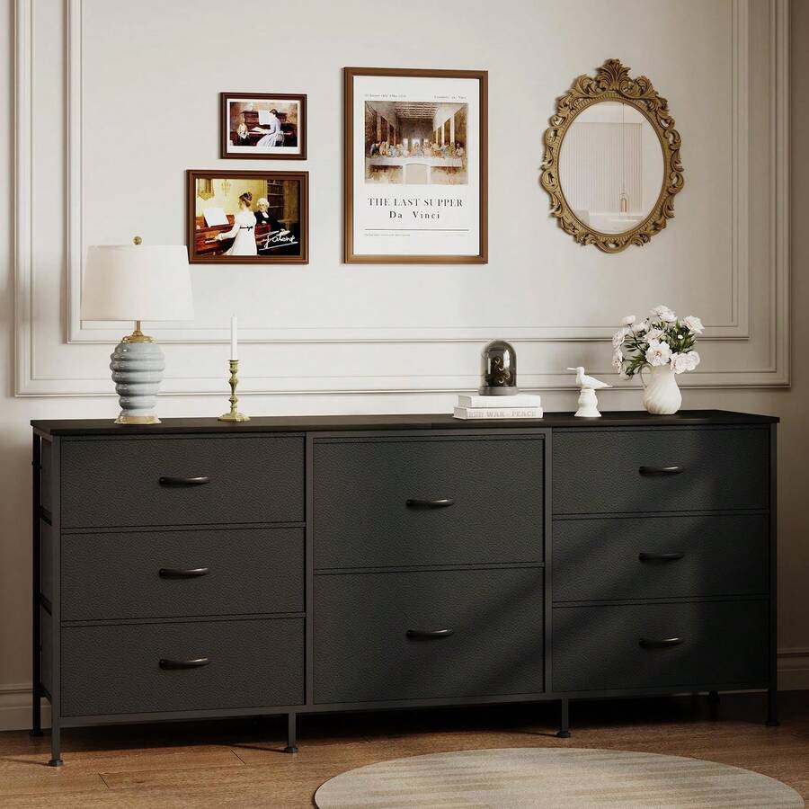 Mueble para TV con 8 Cajones de Tela y Tapete Superior de Madera | Organizador Ancho para Clóset con Estructura Metálica | Ideal para Dormitorio, Sala o Pasillo, Medidas: 160 x 68 x 35 cm - Negro - Ver 1