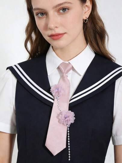 1条甜美粉色缎面领带，饰有3D网状花朵和仿珍珠链，洛丽塔JK制服配饰，适合女孩
