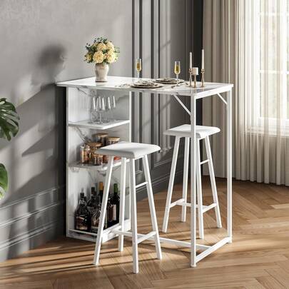 Industrial Bar Table Set With 2 PU Leather Stools - Counter Height Pub Table With Metal Frame, Wine Glass Holder & Lower Shelf - Retro Brown Bistro Set For Kitchen, Living Room, Man Cave