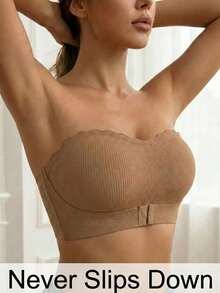 Chic Mocha Ribbed Strapless Bandeau Bra | Front Buckle Push Up Scalloped Trim Invisible Bra For Off-Shoulder Outfits, Scalloped Trim Strapless Bandeau Bra | Mocha Ribbed Front Buckle Push Up Invisible Bra For Chic Outfits Spring - Brown - View 5