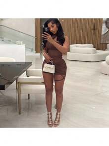 Solid Color Mesh Splice Personalized Street Style High-Waist Slim Bodycon Dress - Cà phê - Xem 2