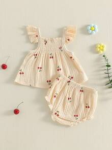 Conjunto de 2 Piezas para Niña Pequeña, Top con Cuello Cuadrado, Mangas Volantes y Estampado de Cerezas + Shorts - Amarillo - Ver 7
