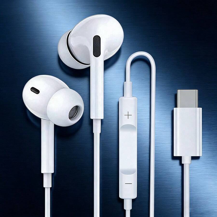 有线入耳式耳机，采用Type-C接口，高解析度音频质量，高清麦克风，沉浸式低音，通用耳塞，带音量控制。兼容 16 Pro Max/15 Pro/17 Air、iPad、vivo、OPPO、OnePlus等智能手机。 - 白色 - 查看 1