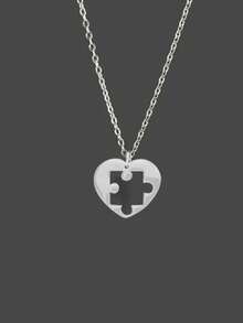 2件套男女通用不锈钢心形拼图吊坠项链，友谊礼物 - 銀色 - 查看 4