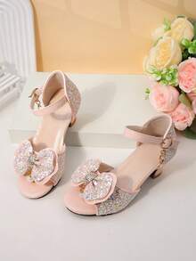 1 Pair Girls' Pink Dreamy Diamond Bow Sandals, Open Toe Low Heel, Comfortable Sparkly, Princess Style, Summer Party Shoes - Pink - View 8