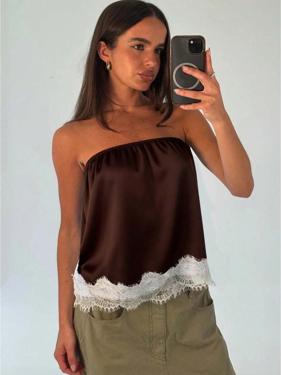 Awevudst Women Lace Trim Satin Tube Tops Loose Summer Bandeau Tank Tops Beachwear Party Clubwear Going Out Tops - 巧克力色 - 查看 1