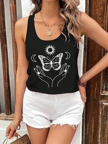 Women's Sleeveless Tank Top - Non-Transparent Smooth Surface Casual Blouse, Everyday & Formal Outfits - Machine Washable Women's Clothing, Versatile Outfit, Graphic Print Design, Nontransparent Fabric, Summer Fashion,  Design, Breathable Fabric, Summer Wardrobe - White - View 12