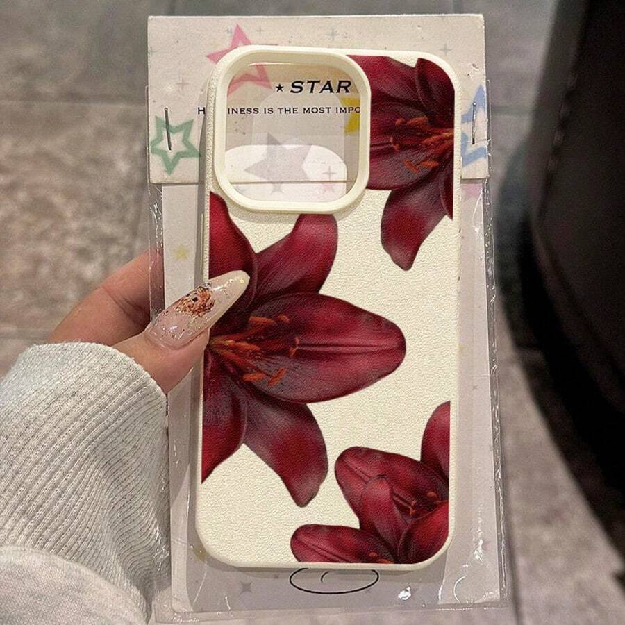 1pc TPU Material Elegant Red Lily Pattern Phone Case Compatible With IPhone 17 Pro Max/17/16 Pro Max/15/13/12/11, S20 FE/A15/S24/A55, Compatible With Redmi Note 11/Note 12/Note 13 Pro, Full Coverage Anti-Drop Soft Protective Phone Cover - White - View 1