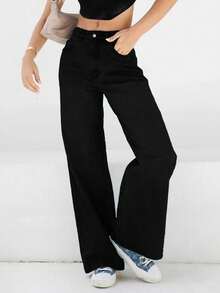 (可用棉)女性復古寬鬆直筒牛仔長褲staked Jeans - 黑色 - 查看 4