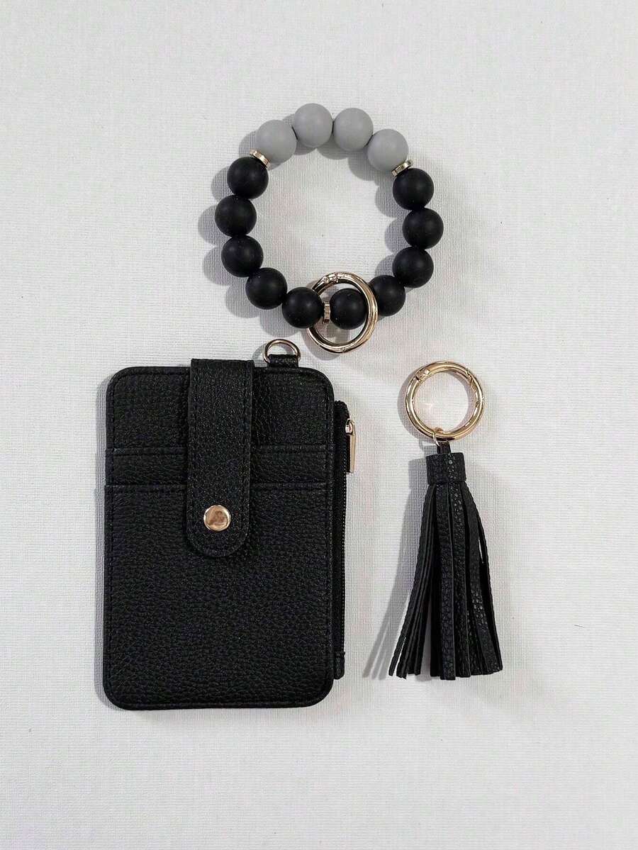 Silicone Beaded Bracelet Wristband With PU Leather Mini Wallet - Vintage Tassel Card Holder Keychain, Holds ID Credit Business Card, Perfect Gift For Women Birthday Christmas Thanksgiving Vacation - Black - View 1