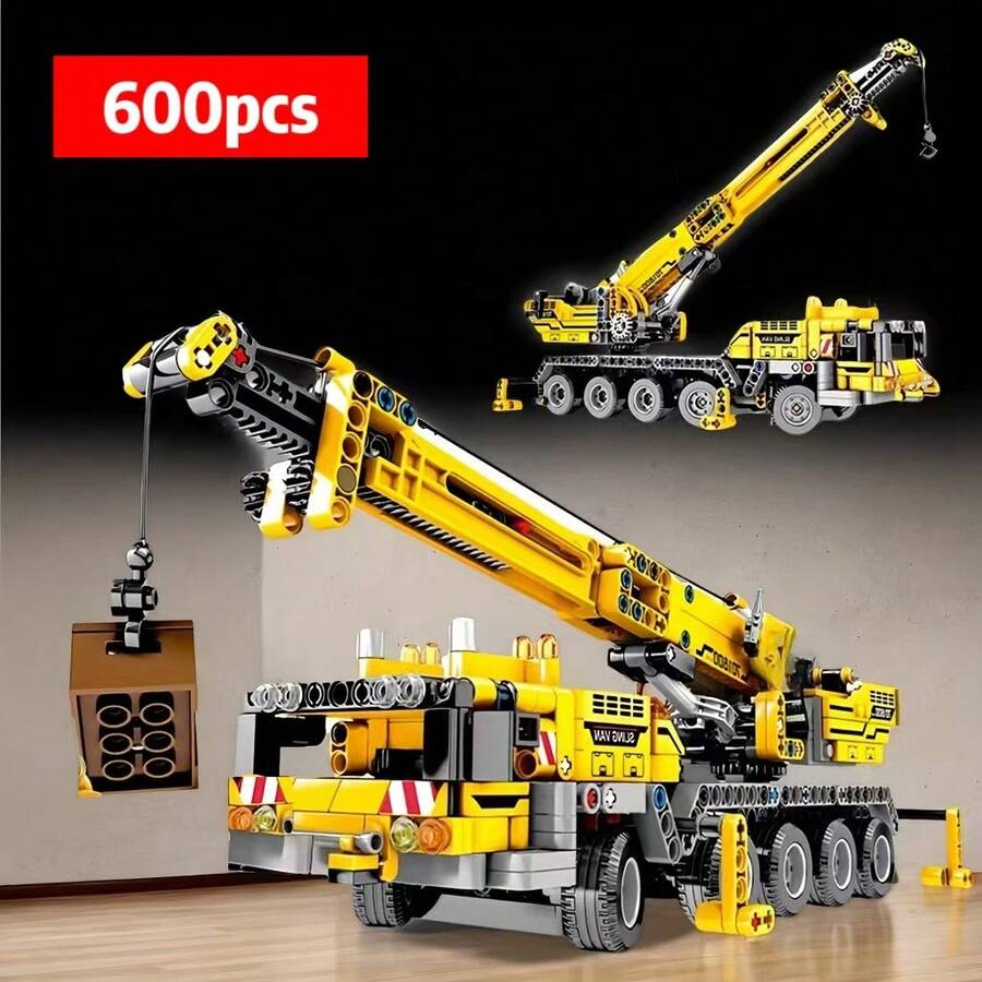 600pcs City Series Mechanical Crane Building Blocks Set, Yellow Engineering Crane Model, Movable, Rotatable, Lifting, Suitable As Birthday, Christmas Or Halloween Gift For Collectors - Vehicle Building Blocks - View 1