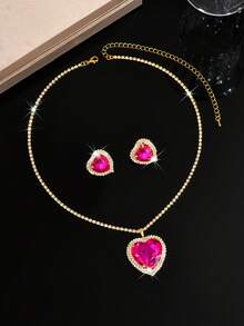 优雅红心水晶新娘首饰套装，KC镀金水晶心形项链和耳环，婚礼新娘首饰套装，适合周年纪念日、情人节、节日礼物 - 1808-HB玫紅色 - 查看 3