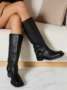 Women's Knee High Boots Slip On Riding Boots, Buckle Boots For Women, Sexy Squared Toe Low Chunky Heel Tall Motorcycle Boots Dance Party Booties - màu đen - Xem 3