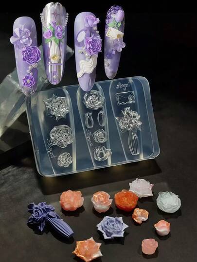 1件玫瑰花、信封、花瓶、藤蔓玫瑰花枝叶美甲模具，透明硅胶美甲装饰模具