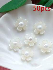 50pcs/Bag, 18mm 5-Petal Resin Crape Myrtle Flowers With Gold Base Claw Rhinestone, Pearls, For Clothing Decoration - Pearl White - View 6