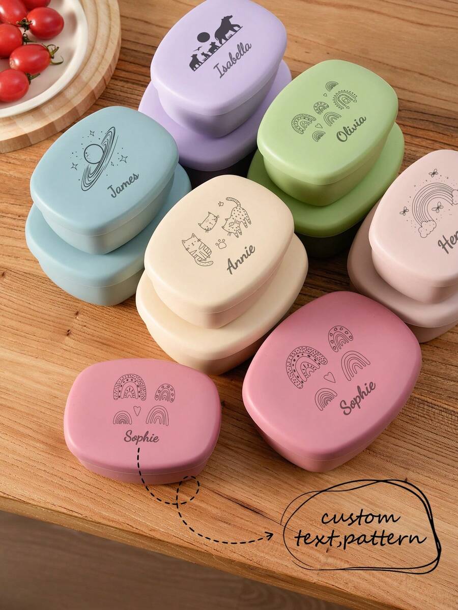 2PCS Personalized Customization Name And Pattern Silicone Food Storage Box Containers With Lids Custom Tableware Portable Dinner Box, Back To School, Leak-Proof, Aesthetic - Multicolor - View 1