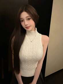 Chaleco sin mangas de punto blanco para mujer, diseño de prenda exterior ajustada con estilo francés - Albaricoque - Ver 4