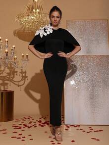 New Elegant 3D Floral Decor Black & White Contrast Long Sleeve Cape Dress, Graceful Formal Gown For Wedding Guest, Bridesmaid, Party, Evening Occasion - Black - View 5