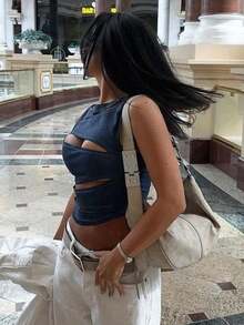 New Style Women's Blouse In European Style, Sexy And Revealing Cutout Denim-Like Backless Top For Girls - Màu xanh lam - Xem 2