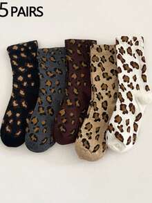 1/5/10 Pairs Women Leopard Print Sailor Socks, Cute Comfortable Breathable Moisture-Wicking Socks, Fun Gift, Creative Campus Style Socks For Women, Winter, Valentine's Day Gift - Crew Socks - View 10