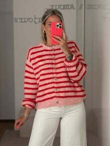 Women's Retro Striped Cardigan, Casual Daily Wear, Suitable For Spring/Autumn/Winter, Ideal For Valentine's Day Outfit - 紅色 - 查看 4